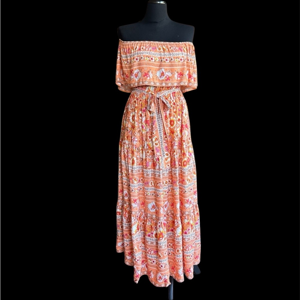 Off the Shoulder Floral Orange Maxi Dress NWT - Picture 6 of 10